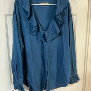 We The Free Blue Ruffle Button-Down Shirt